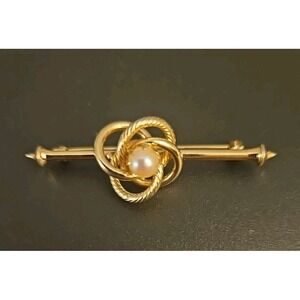 Vintage Gold Tone Bar Style Brooch With Knot / Faux Pearl (511)
